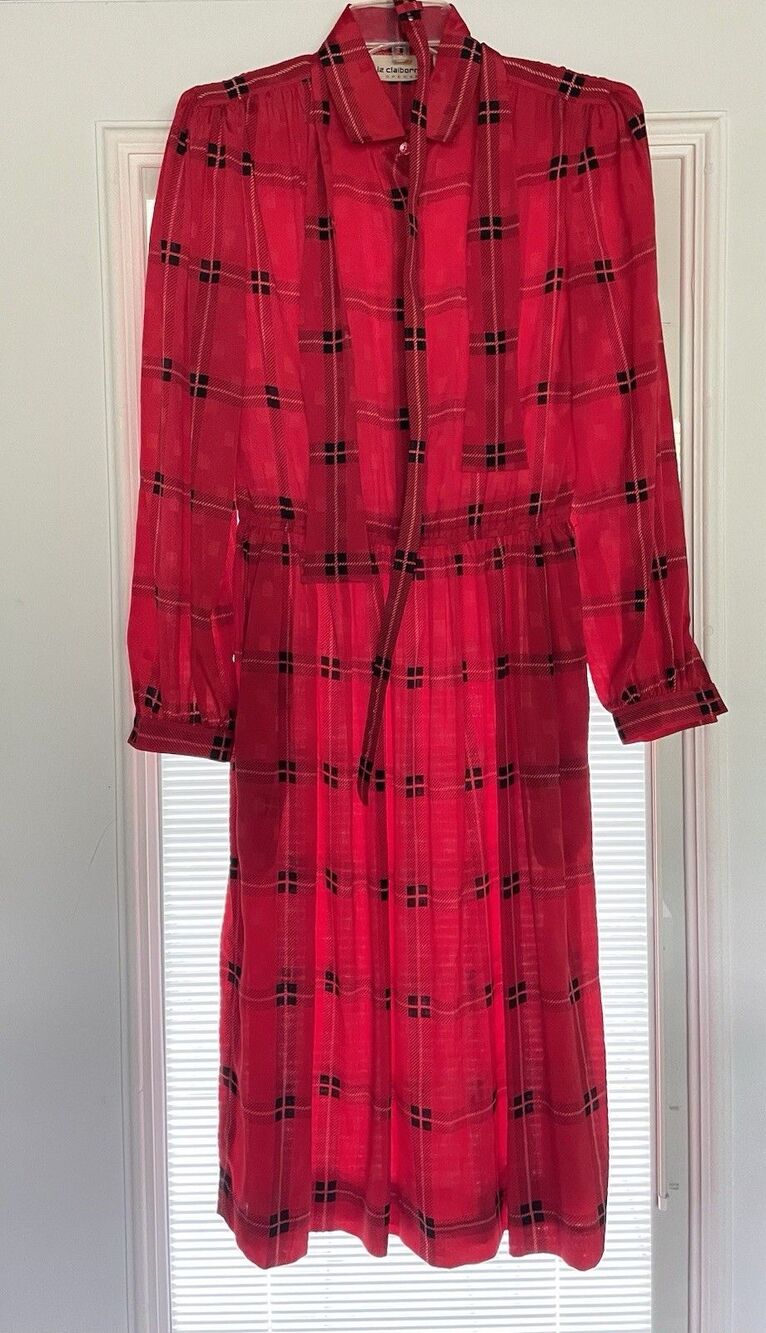 Vintage 80’s Size 8 Liz Claiborne Red Plaid Dress with Matching Belt and Scarf